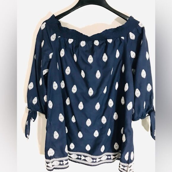 Charter Club Woman Embroiled Top. Navy Blue. Boho. Costal Casual tied sleeves - Picture 1 of 6